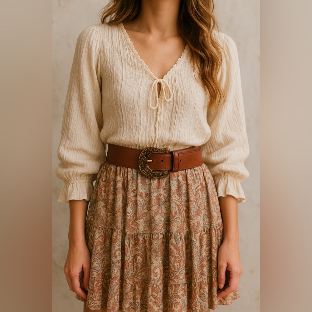 Landes Italian Leather Western Belt Bronze Floral Buckle | M 31–36 Boho Country